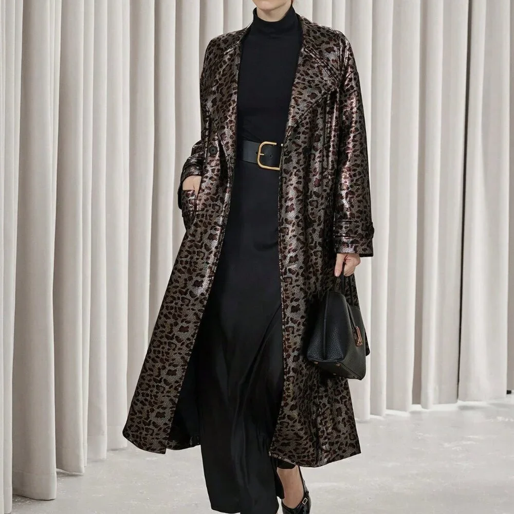 Multicolor Elegant Women's Leopard Print Faux Leather Trench coat / Jacket